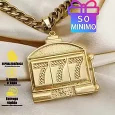 Colar Masculino Banhado a Ouro 18K - Cordão Friso S com Pingente de Cassino Número 777