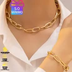 Conjunto Feminino Dourado: Colar e Pulseira com Corrente Retangular – Banhado a Ouro 18K