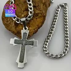 Colar de prata masculino elegante conjunto masculino: colar de prata com pingente de cruz e pulseira