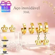 Kit 3 Pares de Brincos Coroa em Aço Inoxidável 316L Elegante e Antialérgico