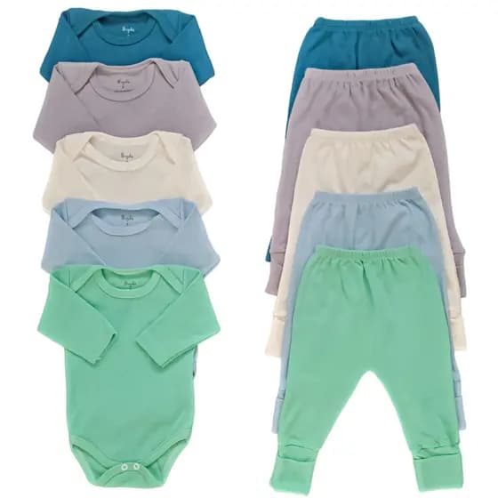 Kit 10 Peças Body Manga Longa e Mijão de Bebê Menino Calça Vira Pé