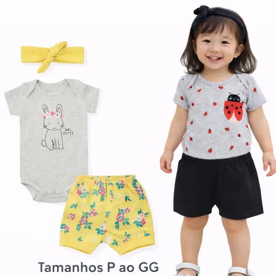 Conjunto de Verão Body, Shorts e Faixa ou babador para Bebê Menina e Menino