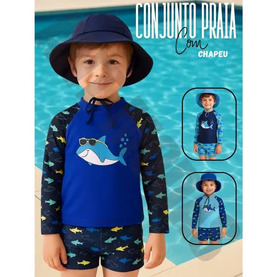 Conjunto De Praia Menino Camiseta Uv 50+ Com Sunga E Chapéu