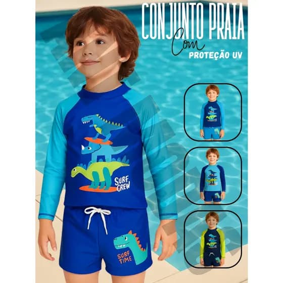 Sunga Infantil Juvenil Sunga+ Camiseta Manga Longa Proteção Solar Uv 50 Kit 2 Peça