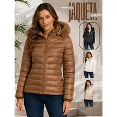 Jaqueta Feminina Puffer Bobojaco Forrada Capuz Peluciado Impermeável Ideal Para Frio Intenso Inverno