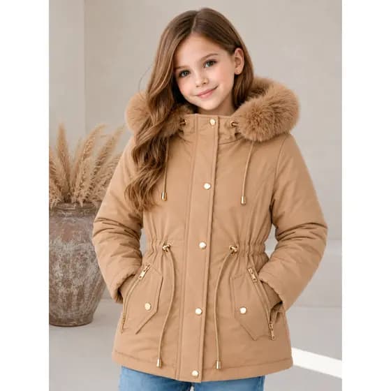 Casaco Parka Infantil Menina Forrada Peluciada Inverno Com Pelo E Capuz Luxo Super Moda