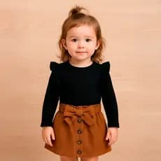 Conjunto de Menina blusa de babado e saia com laço de camurça - Camisa Preta  e Saia Marrom para Menina