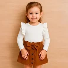 Roupa de Menina com Laço Camiseta Branca com Babado - Saia de Camurça Infantil Roupa para Menina