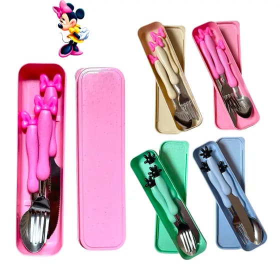 Jogo Talheres Infantil c/ Estojo Garfo Faca colher 3pc Inox Marmita Viagem minnie mickey