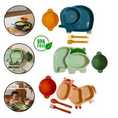 KIT ALIMENTAÇÃO INFANTIL 4 PEÇAS PRATO C/ DIVISORIA TALHERES BLW INTRODUÇÃO ALIMENTAR BEBÊ