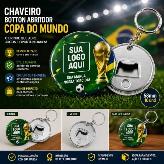 Chaveiro Abridor Personalizado Copa do Mundo | Brinde Corporativo com Logo Empresa 58mm