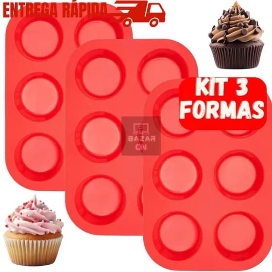 Kit Com 3 Formas de Silicone Para CupCake Biscoito Pão de Queijo Empada Forminha Bolinho