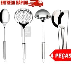 Kit Utensílios De Cozinha 4 Peças 100% Inox Jogo Talheres/Pegador
