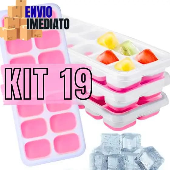 Kit Forminhas De Gelo Fundo Silicone 19 Peças Fácil Desenformar Colorido Forma Cubo Quadrado Suco