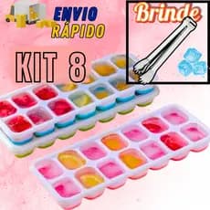 Kit 8 Formas De Gelo Fácil Desenformar Fundo De Silicone + Pegador De Silicone Em Aço Inox Cubo
