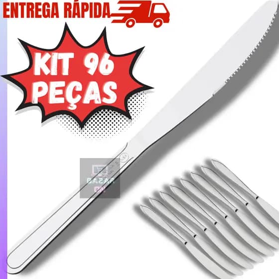 Kit Jogo 96 Facas Mesa Churrasco Aço Inox Com Serra Ponta Conjunto Jantar Almoço Restaurante Hotel