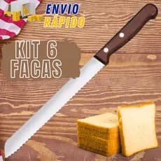 Kit Com 6 Facas Para Pão Cabo De Madeira Marrom Serra Serrilhada Grande 8  Profissional Talheres