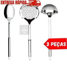 Kit Utensílios de Cozinha 3 Peças 100% Inox Jogo Talheres/Pegador