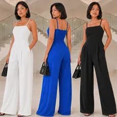 Macacão Feminino com Lastex nas Costas Elástico Longo Alcinha Pantalona Tecido Duna Com Bojo Luxo Outono Inverno