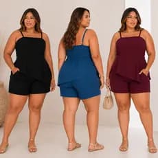 Conjunto Feminino Plus Size Elegante e Casual Assimétrico Duna Blusa Elástico e Shorts Curto Moda Verão Confortável  -