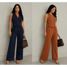Conjunto Feminino Alfaiataria Blusa Colete Calça Pantalona Social Elegante Botão Trabalho Moda Evangélica Outono Inverno