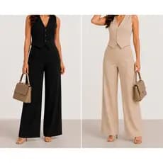 Conjunto Feminino Alfaiataria Blusinha Colete Calça Pantalona Social Elegante com Botão Moda Evangélica Outono Inverno