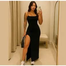 Vestido Feminino Alcinha Longo Modela Com Fenda Veste do 36 ao 44 Alça Zero Transparência Suplex Moda Mulher Verão