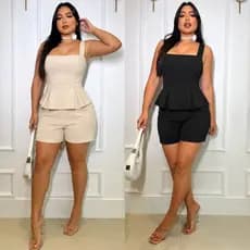 Conjunto Iris Feminino Alfaiataria Blusa Babado Alcinha com Zíper Short Curto Cintura Alta Social Elegante M G GG Verão