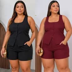 Conjunto Alfaiataria Feminino Elegante Plus Size e Slim Colete com Botões Shorts Moda Casual Social Verão Confortável -
