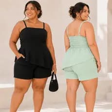 Conjunto Feminino Plus Size Elegante e Casual Assimétrico Duna Blusa Elástico e Shorts Curto Moda Verão Confortável
