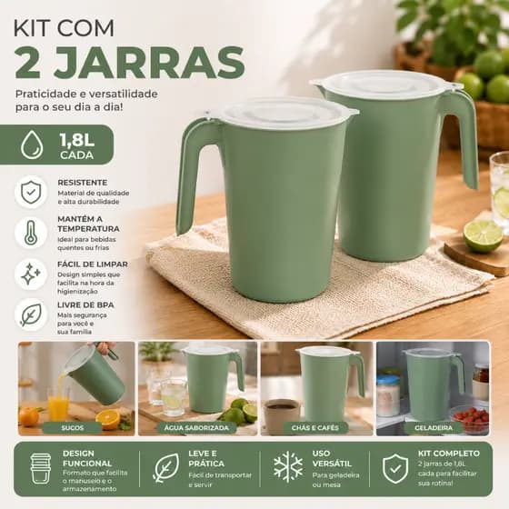 Kit 2 Jarras 1,8L Com Tampa | Ideal Para Sucos Água Chá e Geladeira