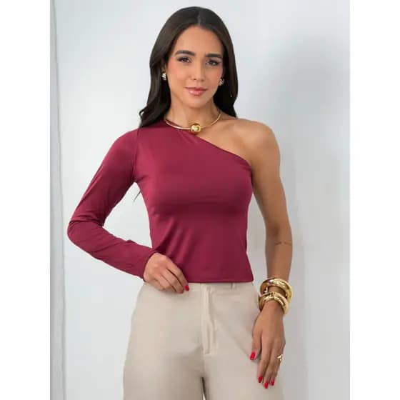 Blusa Feminina Mula Manca Manga Longa Suplex Premium um Ombro, Forro Duplo