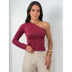 Blusa Feminina Mula Manca Manga Longa Suplex Premium um Ombro, Forro Duplo