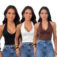 Kit Com 3 Blusas Feminina Top Halter Cropped Decote Frente Unica Academia Para Malhar Costas Nua