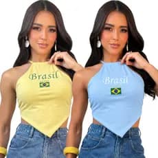 Kit Cropped Brasil Core camisa Patriota Top de Costas Nua Assimétrico Cores