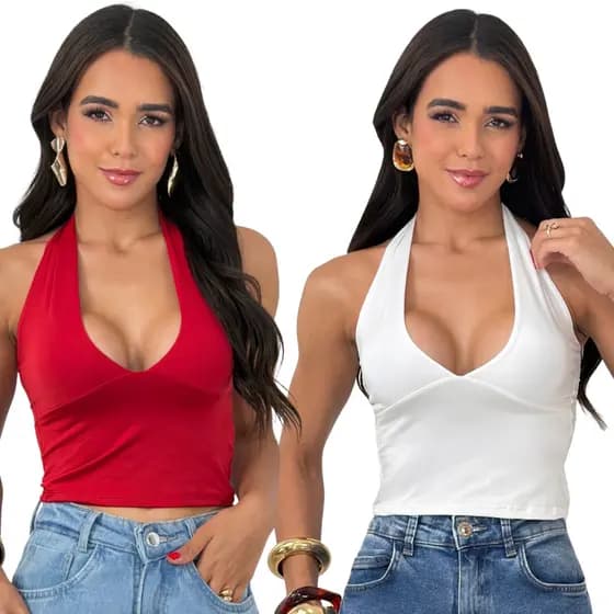 Kit com 2 Blusas Feminina Top Halter Cropped Decote Frente Unica Academia Para Malhar Costas Nua
