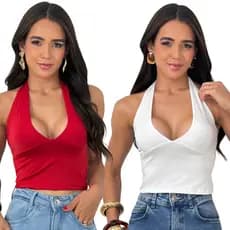 Kit com 2 Blusas Feminina Top Halter Cropped Decote Frente Unica Academia Para Malhar Costas Nua