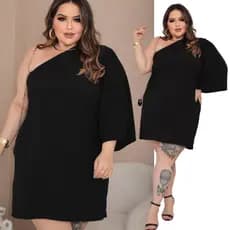 Vestido Feminino Plus Size Elegante Preto Um ombro só Soltinho Tendência Festa Noite Eventos Aniversários Casamento G1