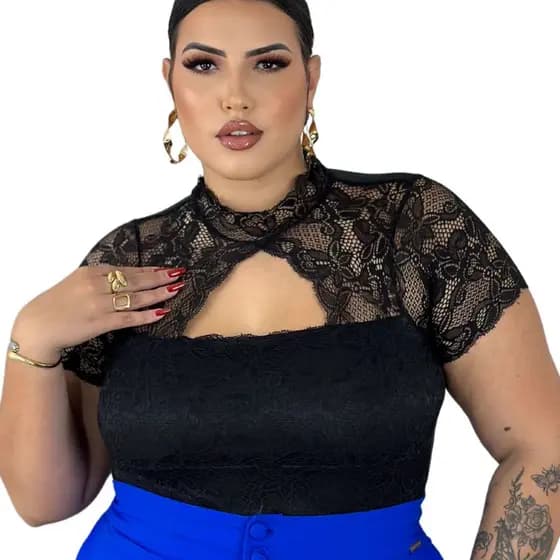 Blusa Em Renda Plus Size Feminina Rendada Moda Confortável Luxo e Elegante Festa e Balada Tendência Inverno 44 ao 52