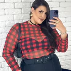Blusa Feminina Xadrez Plus Size Festa Junina Segunda Pele  Blusinha Transparente Tule Moda Feminina