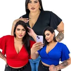 Kit 3 Blusas Femininas Plus Size Básicas e Elegantes Coloridas Tamanho Grande Verão Manga Flare