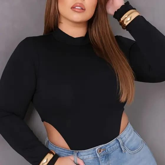 Body Feminino Plus Size Manga Longa Cavado Estiloso Sensual Tecido Suplex Moda Inverno Noite Balada Festa Tendência