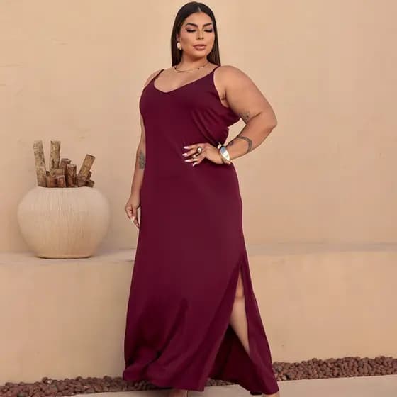 Vestido Longo Plus Size Soltinho Alcinha Verão Feminino Curve Moderno, Elegante e Confortável Roupa Plus Moda Curve