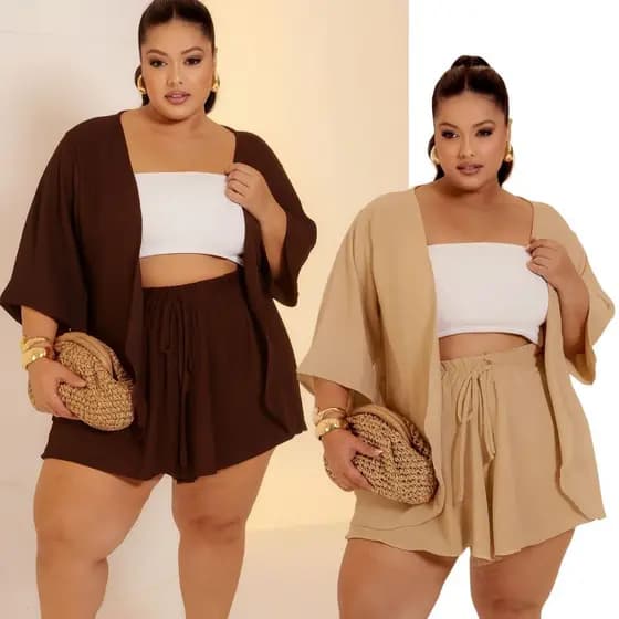 Conjunto Feminino Plus Size Elegante Kimono e Shorts Cintura Alta Curve Tamanho Grande Look Plus Casual e Confortável