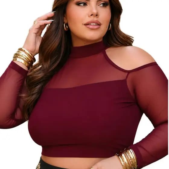 Blusa Tule Feminina Plus Size Manga Longa com Abertura Transparente Tendência Inverno Noite Festa Balada Moda Gringa