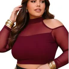 Blusa Tule Feminina Plus Size Manga Longa com Abertura Transparente Tendência Inverno Noite Festa Balada Moda Gringa