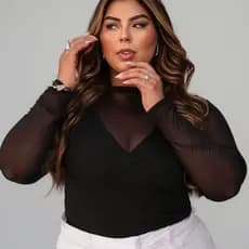 Blusa Manga Longa De Tule Plus Size Transparente Blusa Moda Festa Balada Promoção Tamanho Grande