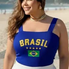 Cropped Plus Size Suplex Brasil Verde Amarelo Alça Larga Confortável Moda Feminino Casual Torcedor Copa do Mundo