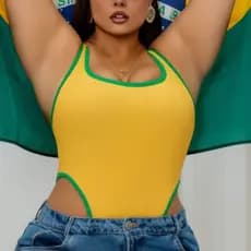Body Plus Size Regata Feminino Copa Brasil Cavado Moda Fashion Bory Verde e Amarelo em Suplex Confortável Sensual
