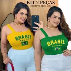 Kit Cropped Brasil Plus Size Suplex Verde Amarelo Alça Larga Confortável Moda Feminino Casual Torcedor Copa do Mundo